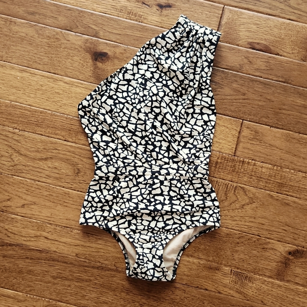 Anthropologie One Shoulder Black & Cream Girraff print one piece Swimsuit